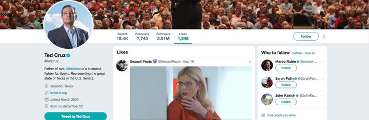 A screenshot showing a porn video liked by Sen. Ted Cruz (R-Texas), or whoever had access to his Twitter account.