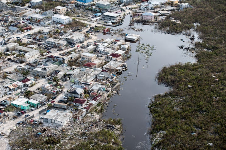 An aerial view on Sept. 11 shows flooding and damage after Hurricane Irma passed over Providenciales on the Turks and Caicos islands.