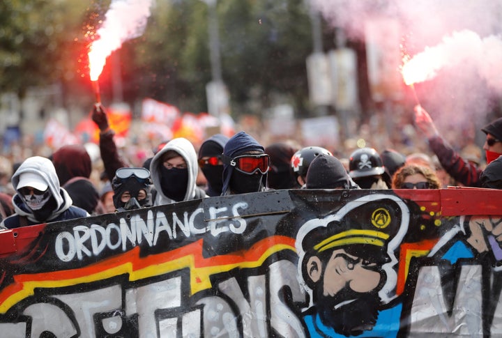 Demonstrators attend a national strike and protest against the government's labour reforms in Nantes, France, September 12, 2