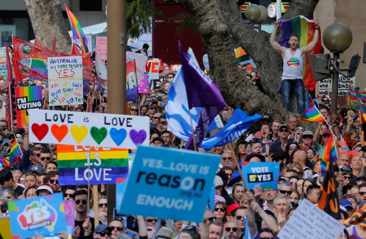 Organizers said Sunday's gathering was Australia’s largest LGBTQ rights demonstration. 