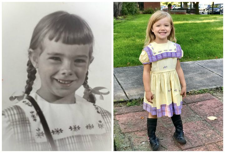 Jenny Hirt's 4-year-old daughter, Caroline Hirt (right), wore the dress this year for her first day of kindergarten. The first person to wear it was Jenny's aunt, Martha Esch (left), in 1950.