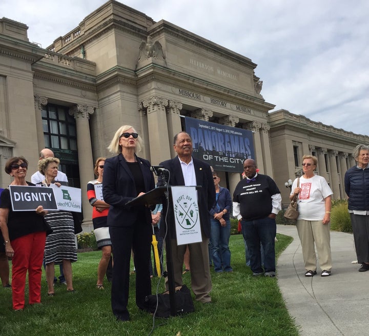 Missouri state Rep. Stacey Newman (D) speaks about voting rights during a news conference in front of the Missouri History Museum in St. Louis on Tuesday.