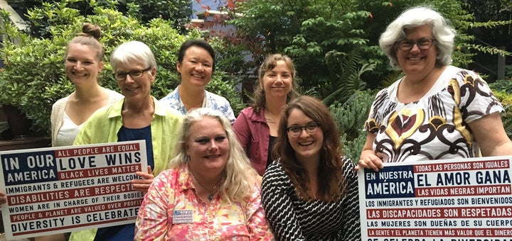 Nasty Women Get Sh*t Done PDX Board (clockwise from left): Meghan Prichard (Outreach Coordinator), Marcia Alvar (Special Projects), Molly Lee (Web Director), Ali King (President), Cindi Carrell (Treasurer), Tara Stutsman (Secretary), Kirsten Hunter (Vice President)