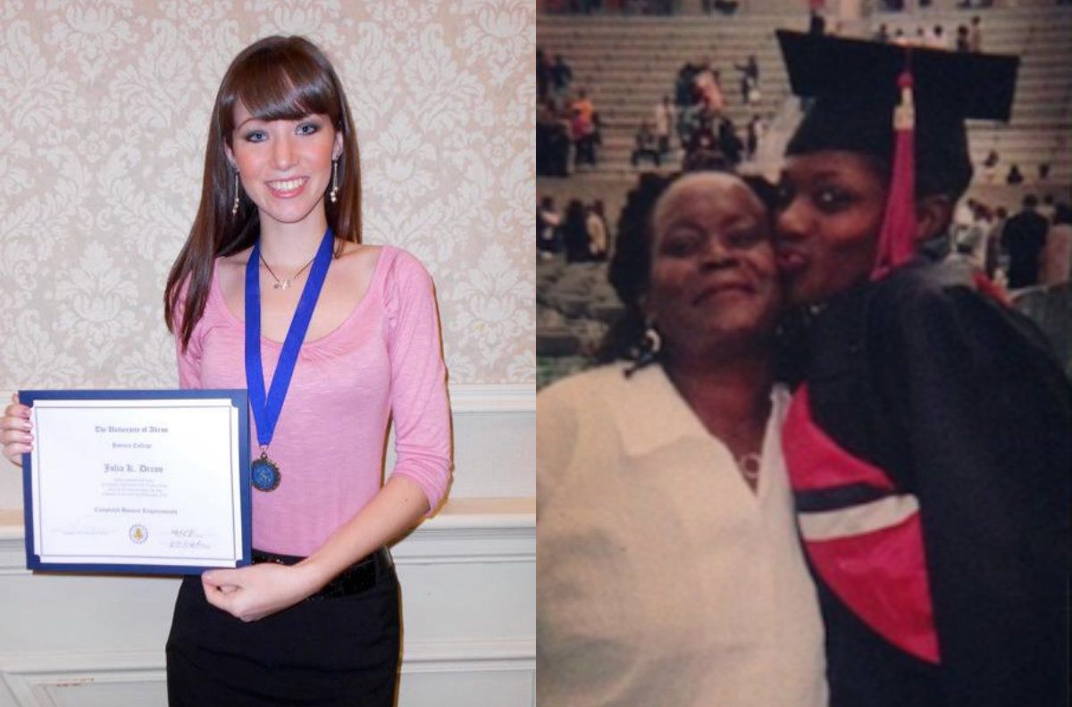 Left: Julia at her college graduation Honors Ceremony; Right: Brianna and her mother during her college graduation. 