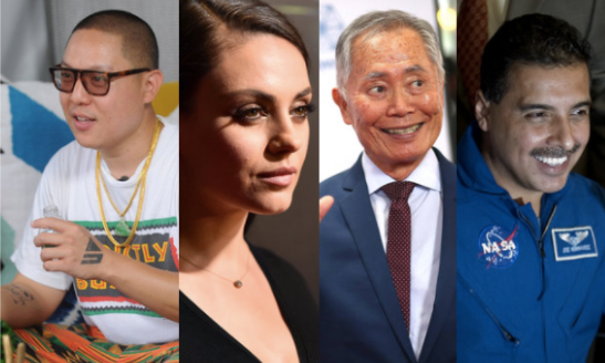 Celebrity chef and author Eddie Huang, left, actress Mila Kunis, actor George Takei and astronaut José M. Hernández are among those who share their stories in