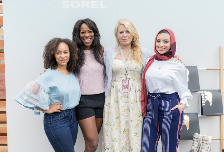 <p>As seen in the Sorel Lounge at Create + Cultvate: Morgan Debaun, Yvonne Orji, Amanda de Cadenet, Noor Tagouri</p>