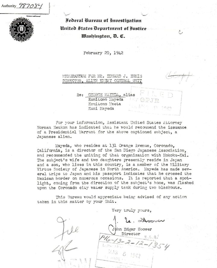 <p>FBI Memo advising issuance of a warrant for Kunitomo Mayeda’s arrest a few weeks after Pearl Harbor</p>