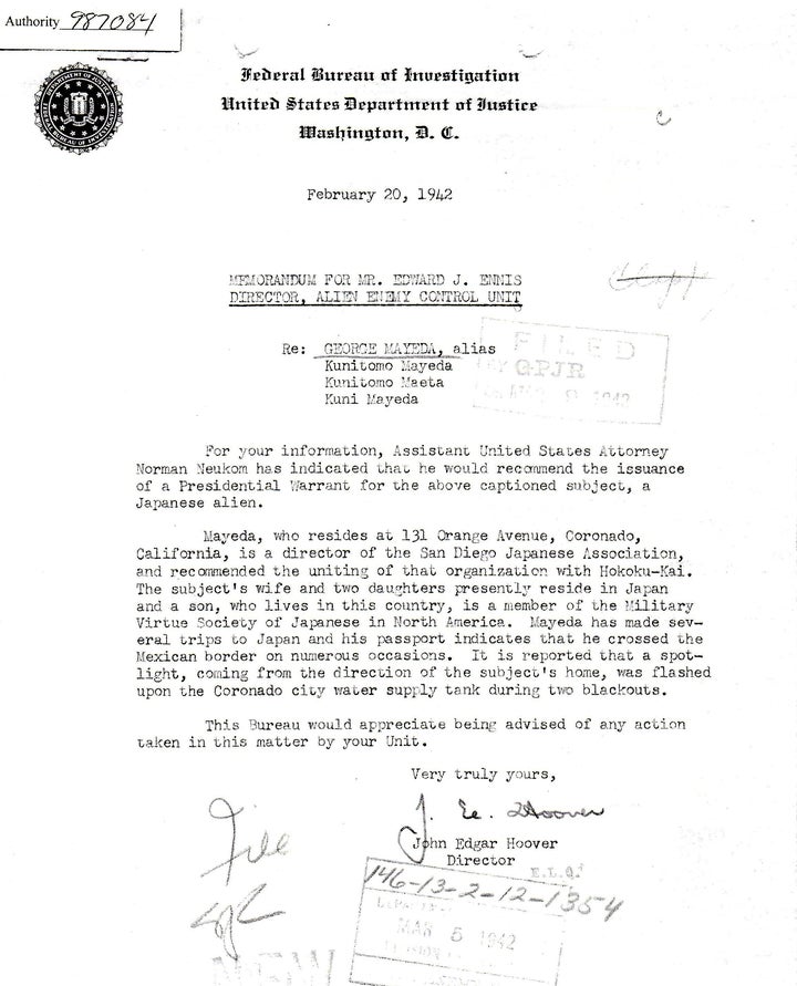 FBI Memo advising issuance of a warrant for Kunitomo Mayeda’s arrest a few weeks after Pearl Harbor