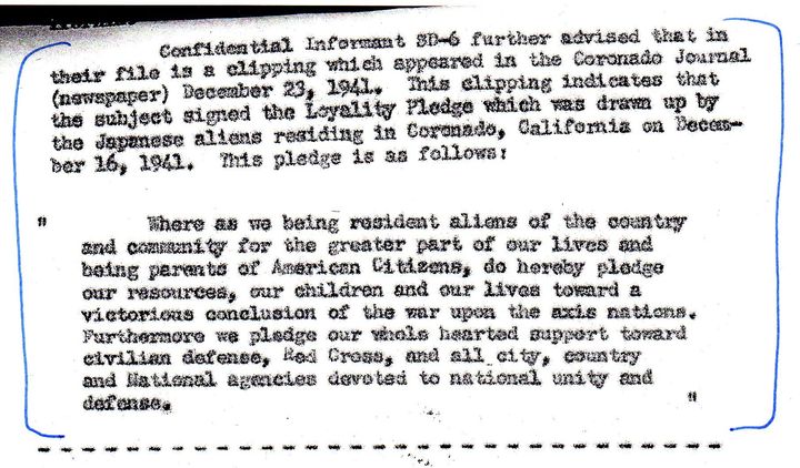 <p>FBI Report noting Kunitomo signed public pledge of loyalty to U.S. shortly after Pearl Harbor</p>
