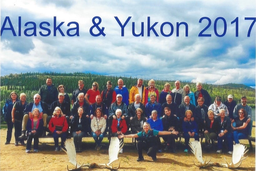 Our 39 Travel Mates at Minto Resorts, YT owned by the Selkirk First Nation, on the banks of the Yukon River with our phenomen