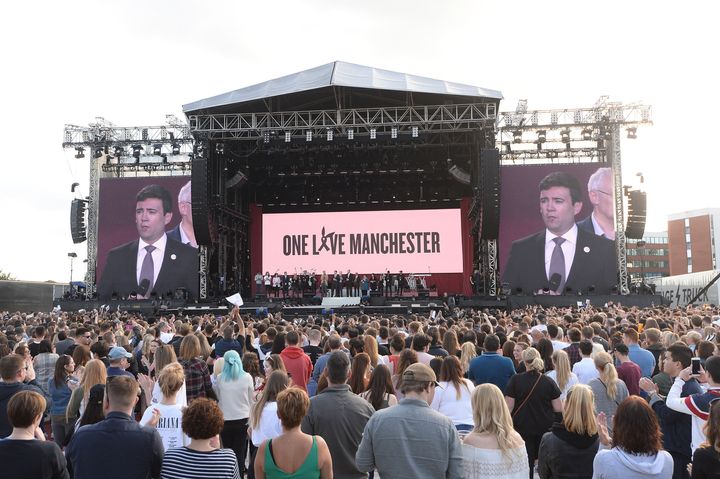  Burnham on stage during the One Love Manchester benefit concert for the victims of the Manchester Arena terror attack 