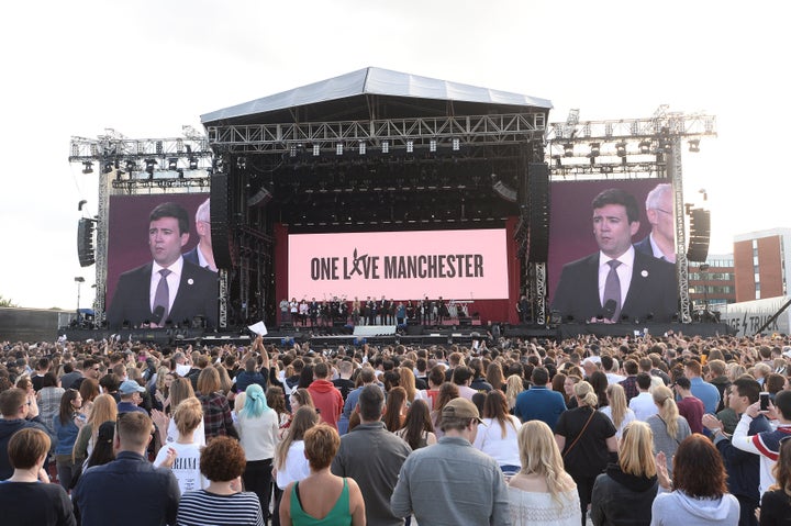 <strong> Burnham on stage during the One Love Manchester benefit concert for the victims of the Manchester Arena terror attack </strong>