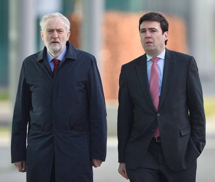 Labour leader Jeremy Corbyn (left) and Andy Burnham arrive at the Hillsborough inquest in Warrington