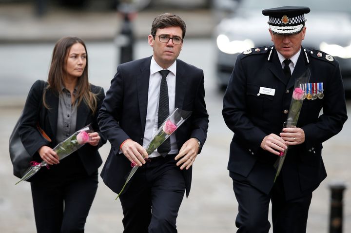 Burnham and Chief Constable Ian Hopkins arrive for the funeral of Saffie Rose Roussos, the youngest victim of the bombing of the Manchester Arena,