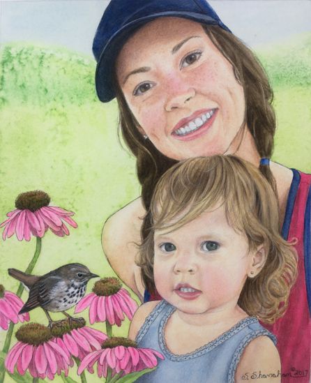 Watercolor of Amanda and her daughter, Mercy.