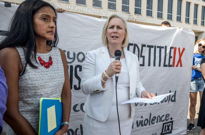 Gillibrand speaks at a rally for survivors of sexual assault on July 13, 2017 outside the Department of Education, ahead of a series of meetings that Secretary Betsy DeVos is holding with survivors, advocates for the wrongly accused and college administrators. 