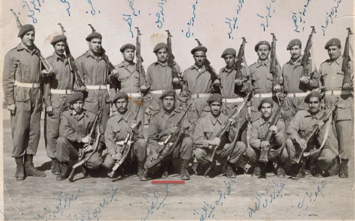 <p>First Line, 3rd from left: Dr. Hamid Jawad al-Khatteeb, military service in Hamrin Mountains, Iraq 1965</p>