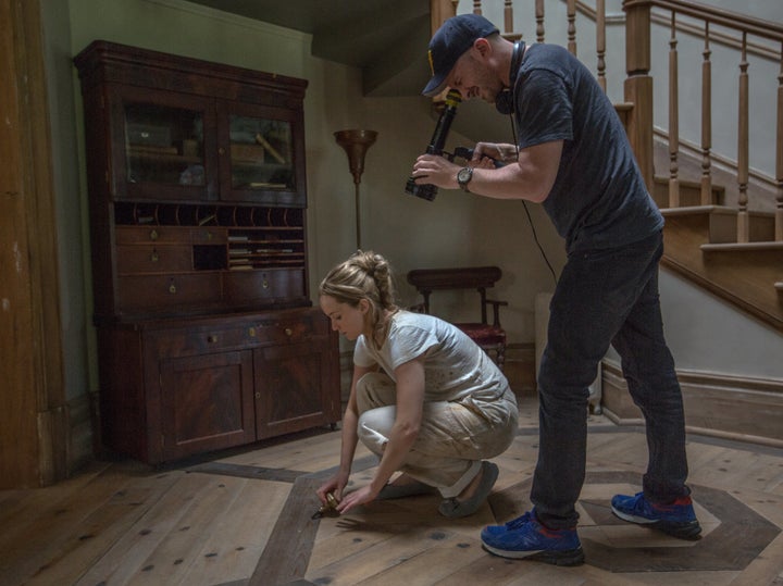 Jennifer Lawrence and Darren Aronofsky film a scene from "mother!"