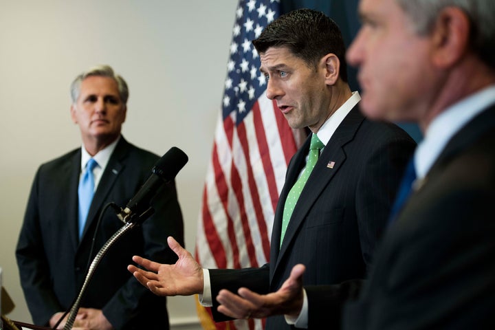 House Speaker Paul Ryan (R-Wis.), with House Majority Leader Kevin McCarthy (R-Calif.), left, speaks at a press conferen