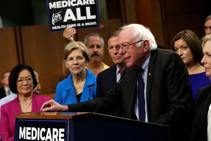 Sen. Bernie Sanders (I-Vt.) unveils the "Medicare for All Act of 2017" alongside colleagues and activists on Sep. 13, 2017.