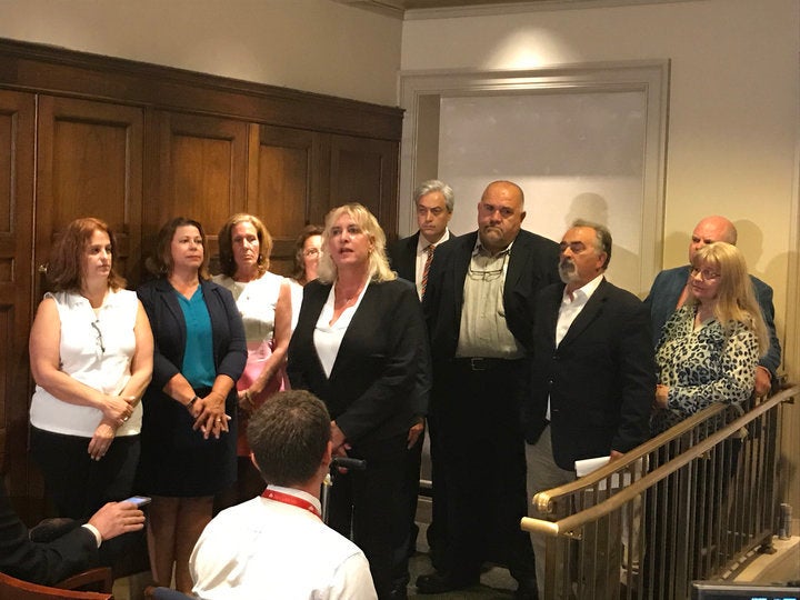 Superstorm Sandy flood victims, including Sophia Vailakis-DeVirgilio, far left, hold a news conference on Capitol Hill on Wednesday to warn those affected by hurricanes Harvey and Irma about the challenges of navigating the National Flood Insurance Program.