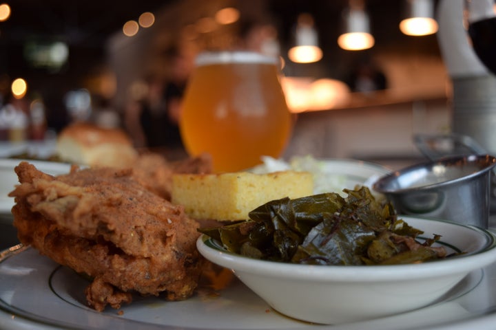 <p>Smoked & Fried Chicken with collard greens, corn bread, and local beer</p>