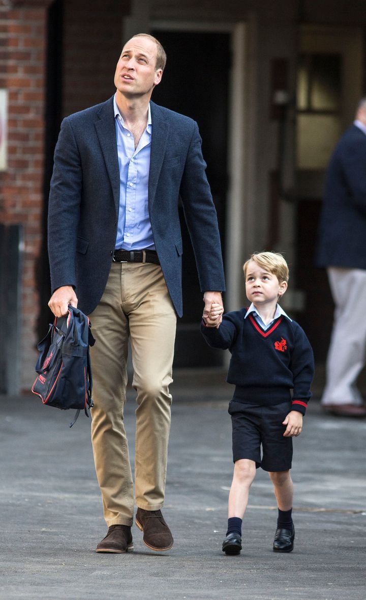 Prince George arriving with the Duke of Cambridge at Thomas's Battersea in London, on his first day of school last week 