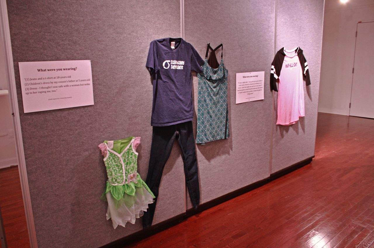 A photo of three outfits for one story. Brockman told HuffPost one woman was assaulted three times throughout her life, so she included three outfits for her story. 