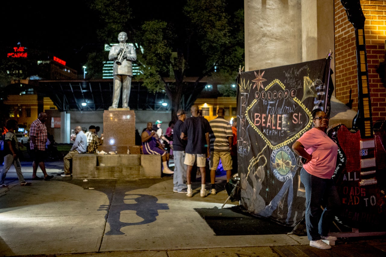 The scene around Handy Park on Beale Street. The street, which is now known for its nightlife, flourished as a black-owned business district in the late 19th century.