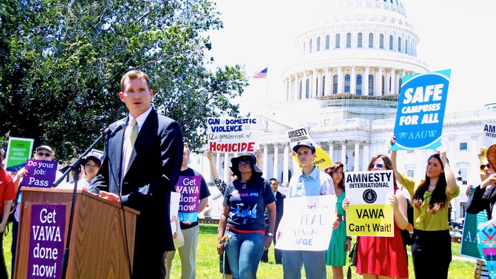 Colin Goddard, a survivor of the April 16, 2007 Virginia Tech shooting and member of the VTV Family Outreach Foundation, speaks in favor of campus sexual assault provisions at the Violence Against Women Act National Rally, on June 26, 2012. United States Capitol, Washington, DC.