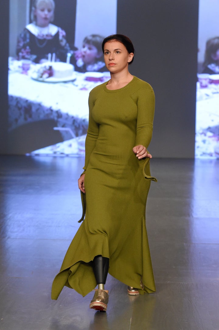 Vicky Balch walks the runway at the Teatum Jones show during London Fashion Week on 15 September 2017