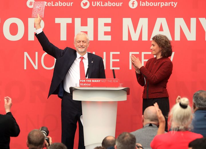 Jeremy Corbyn with Sarah Champion, at the launch of the Labour Party manifesto for the General Election.