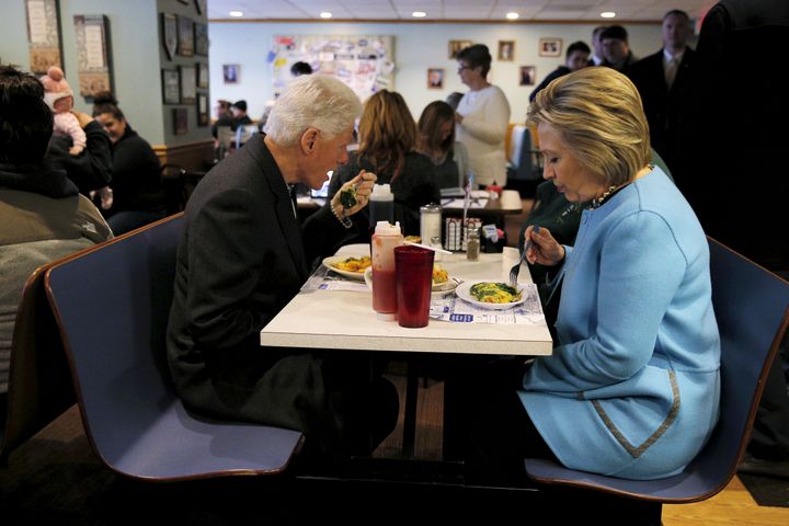 Hillary and Bill Clinton eat breakfast at Chez Vachon restaurant in Manchester, New Hampshire on February 8, 2016.