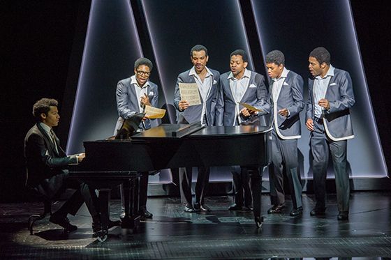<p>(l to r) Christian Thompson (Smokey Robinson), Ephraim Sykes (David Ruffin), Jared Joseph (Melvin Franklin), Derrick Baskin (Otis Williams), Jeremy Pope (Eddie Kendricks), and James Harkness (Paul Williams) in the world premiere of Ain’t Too Proud—The Life and Times of The Temptations at Berkeley Repertory Theatre. </p>
