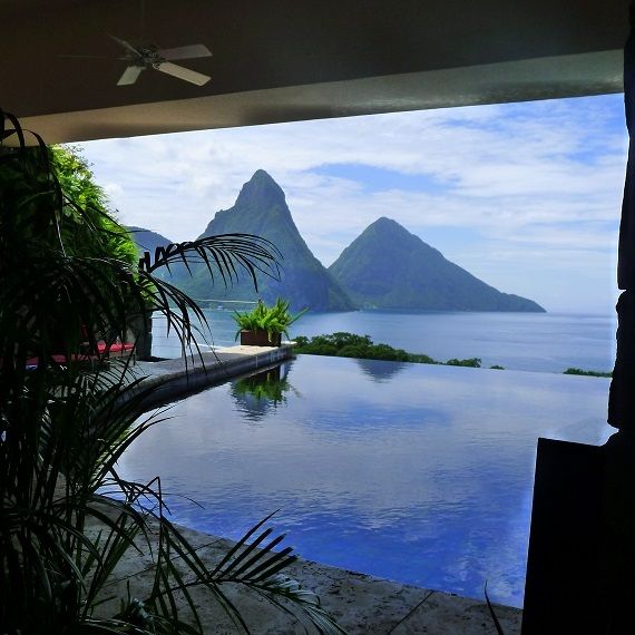 View of the Pitons from a typical suite at Jade Mountain.