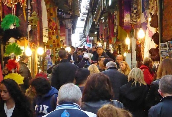 Visitors jam the Via Dolorosa (the “Way of Sorrows” walked by Jesus on the way to his crucifixion).