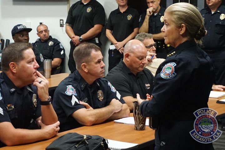 Sarasota Police Chief addresses the Sarasota Police Department during a Hurricane Irma briefing on September 9, 2017.