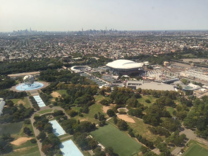 US Open grounds with Manhattan skyline in background (including One World Trade) on 9/11/2017.