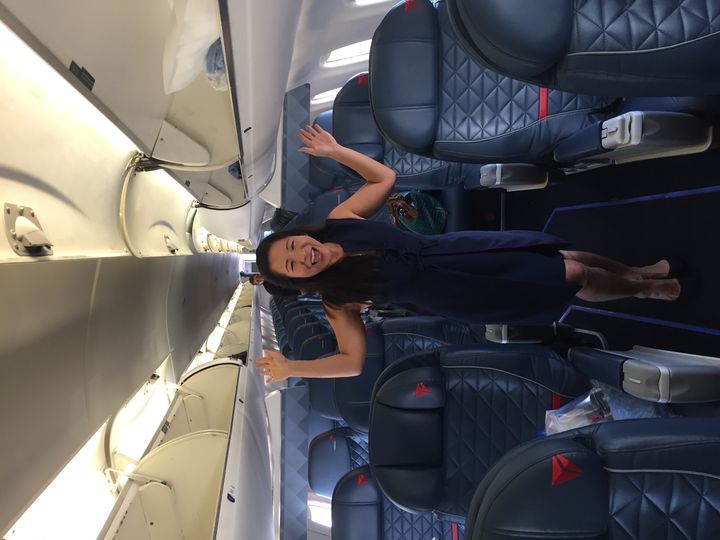 Lee-En Chung is excited on Delta’s Chicago flight to New York City’s LaGuardia Airport on 9/11/2017.