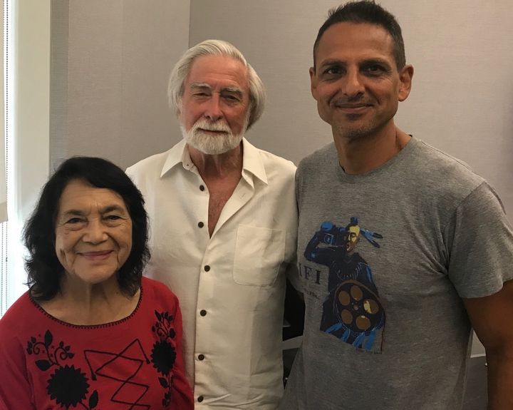 (L-R) Dolores Huerta, Robert Scheer and director Peter Bratt
