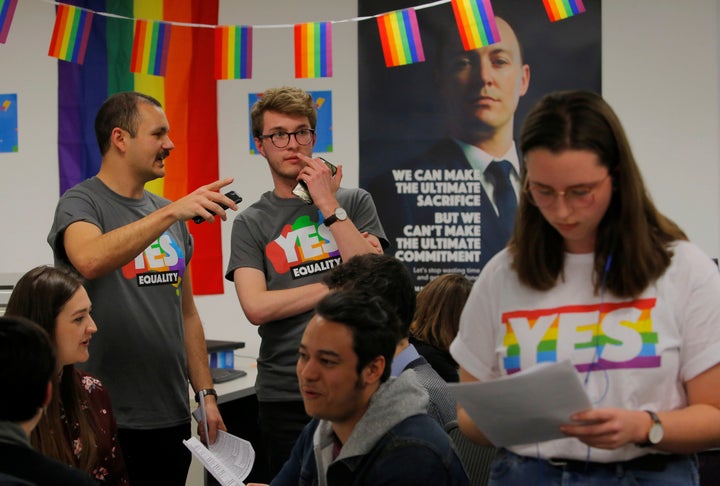 Volunteers talk in call center for the Yes campaign in Australia's gay marriage vote. 