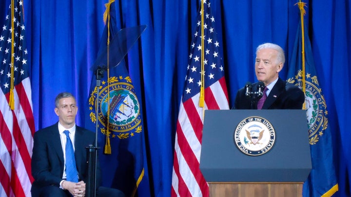 U.S. Vice President Joe Biden, flanked by U.S. Secretary of Education Arne Duncan, announces the Title IX “Dear Colleague Letter”. The University of New Hampshire, Durham, NH, April 4, 2011.