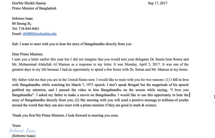 <p>On Sep 17, Isaac wrote a letter to Prime Minster Hasina. </p>