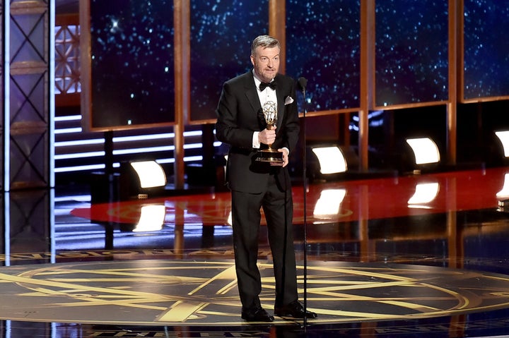 Charlie Brooker accepts the Outstanding Writing for a Limited Series, Movie, or Dramatic Special award at the 69th Annual Primetime Emmy Awards.