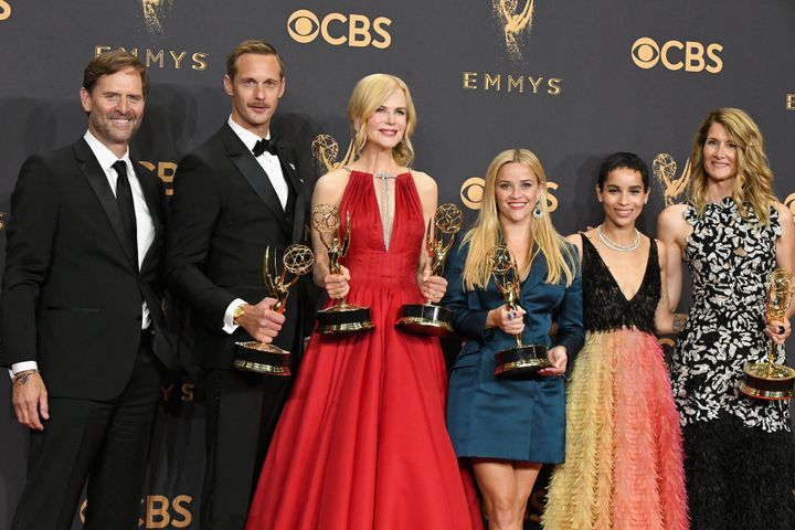 The cast of 'Big Little Lies. (l-r) Jeffrey Nordling, Alexander Skarsgard, Nicole Kidman, Reese Witherspoon, Zoe Kravitz and Laura Dern