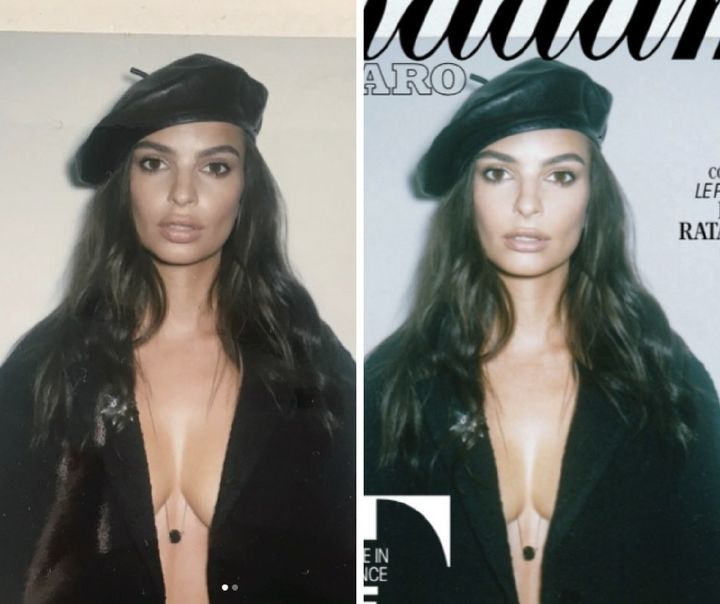 Emily Ratajkowski shared the before photo on the left. The photo on the right is after alterations were made.