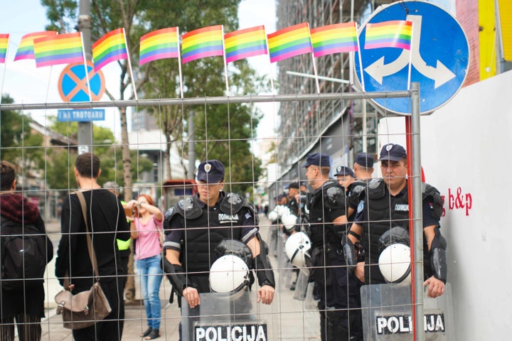 <p>Police controls at one of the entrances Pride’s “safe zone” </p>