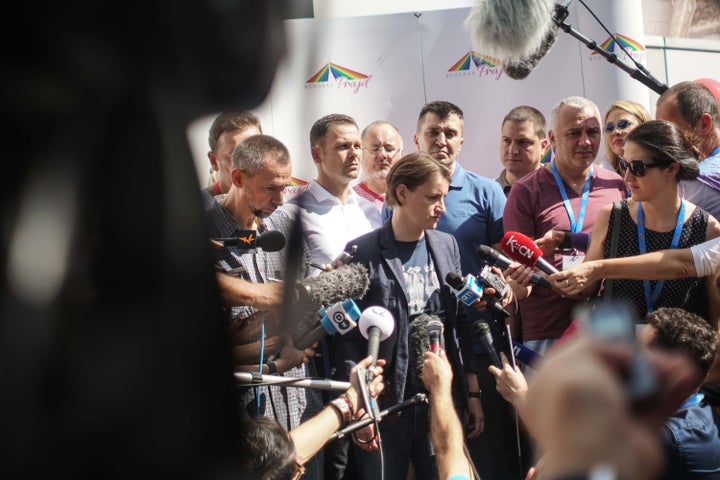 Serbian openly lesbian PM Ana Brnabic giving statements to the press