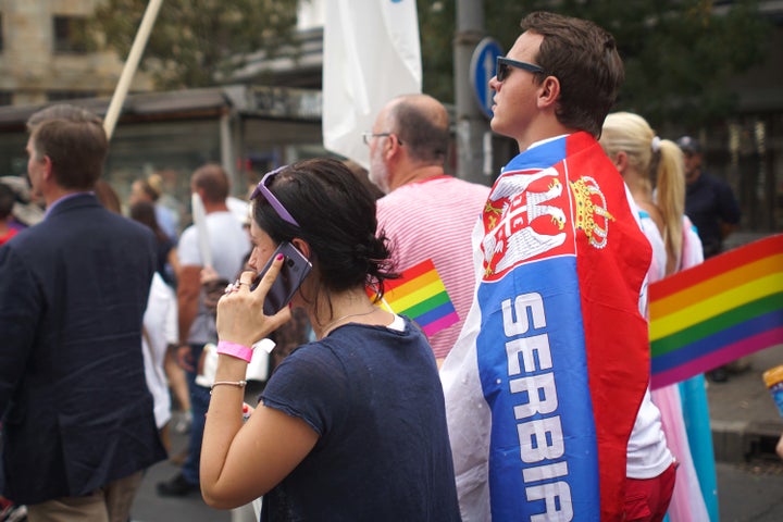 <p>Serbian national flag goes well with the rainbow flag.</p>