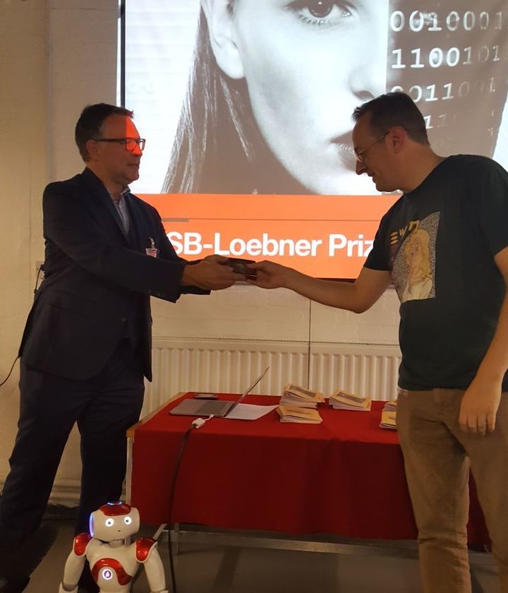 Steve Worswick receives the Loebner Prize on September 16, 2017 at Bletchley Park in England.